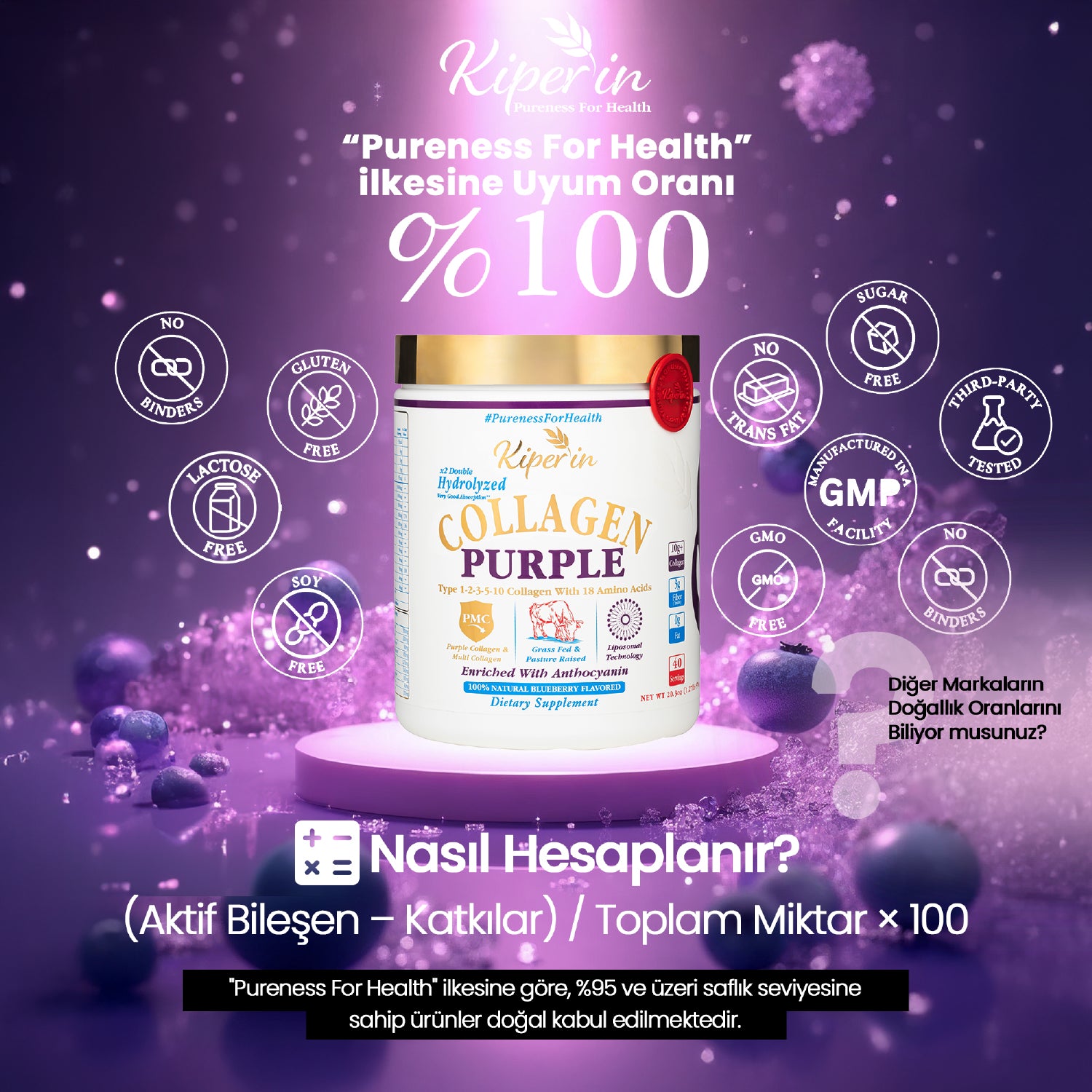Kiperin Purple Collagen (576gr) Liposomal Technology Food Supplement Containing 100% Pure and Natural Purple & Multiple Collagen Peptides