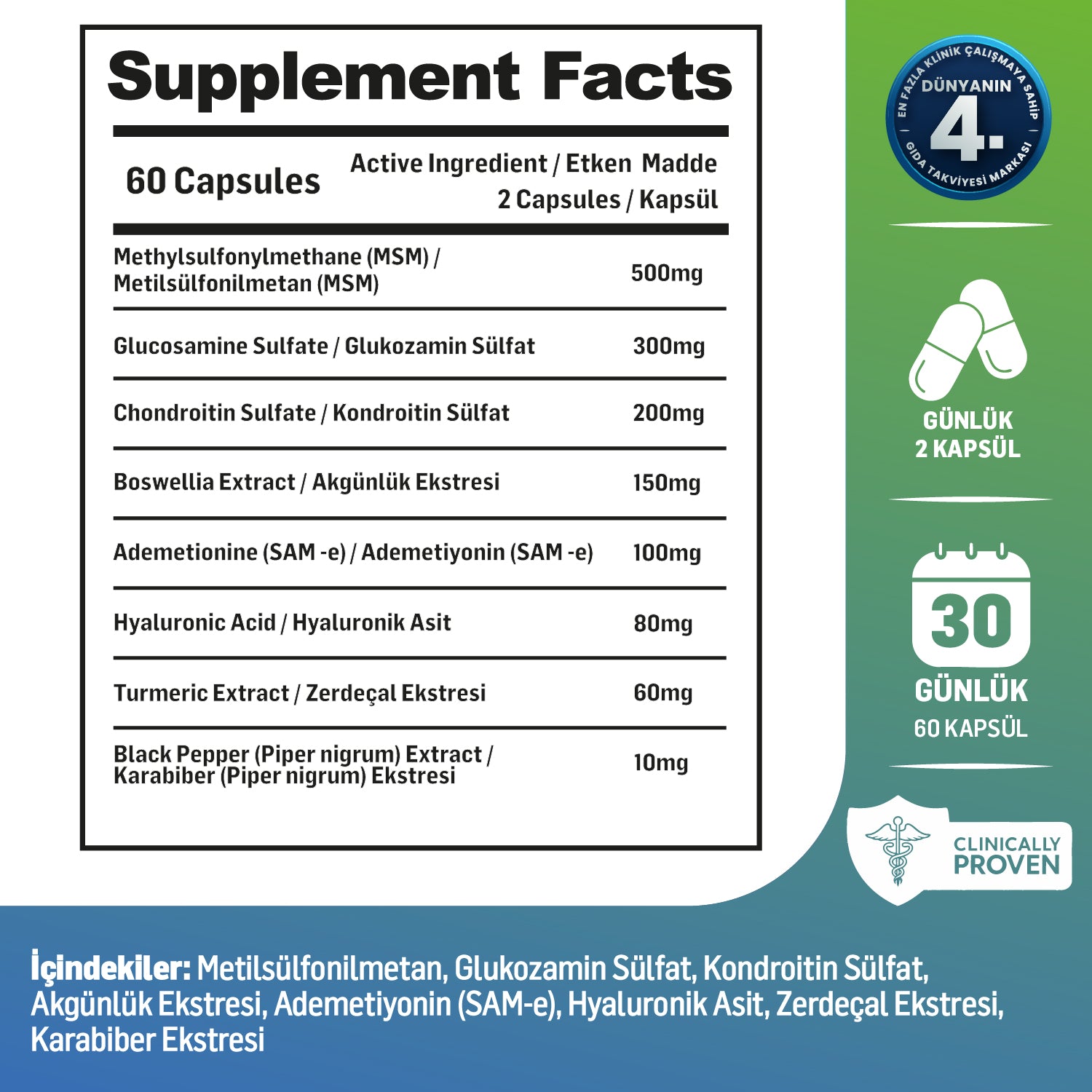 Kiperin Flexura | Eklem | Glukozamin, MSM, Kondroitin, Akgünlük, SAM-e, Hyaluronik Asit | 60 Kapsül