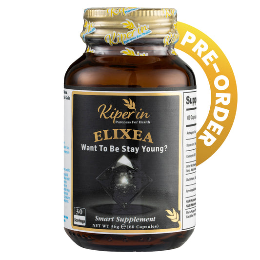 Kiperin Elixea Longevity | Anti-Aging ve Canlandırıcı Etki | Çin Geveni Ekstresi, NADH, Pirolokinolin Kinon, Resveratrol, Glutatyon, Koenzim Q10, NMN | 60 Kapsül