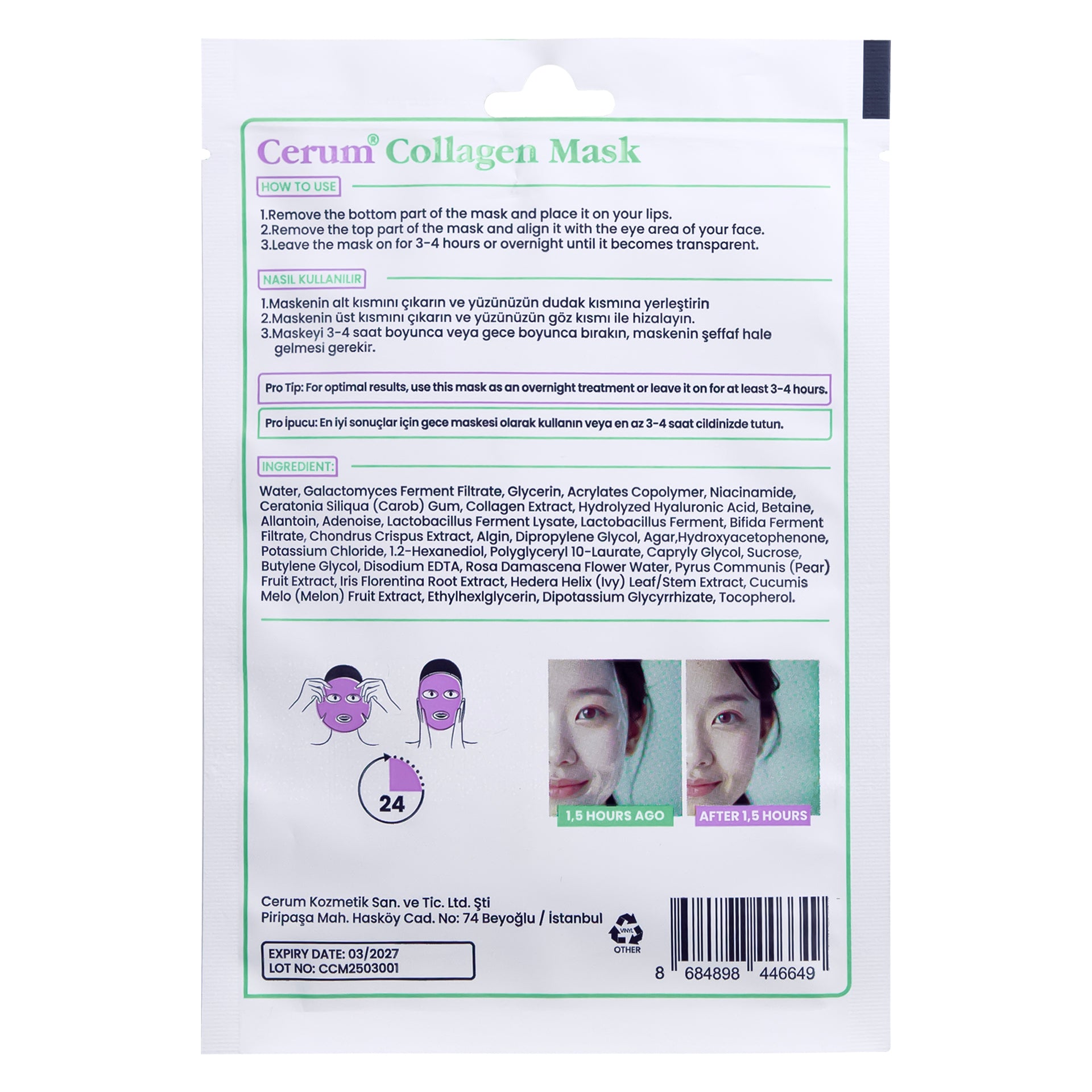 Yüzde Eriyen Kolajen Maskesi | Kolajen - Hyaluronik Asit - Probiyotik | Canlandırıcı | 5 ADET