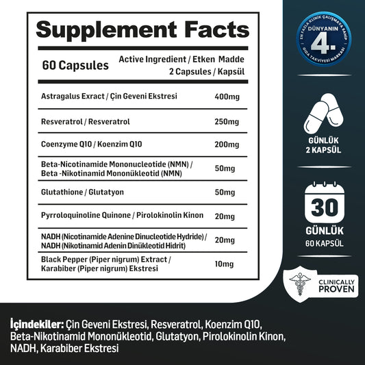 Kiperin Elixea ‘Longevity' | Resveratrol, Glutatyon, Koenzim Q10, NMN, NADH, PQQ..| 60 Kapsül