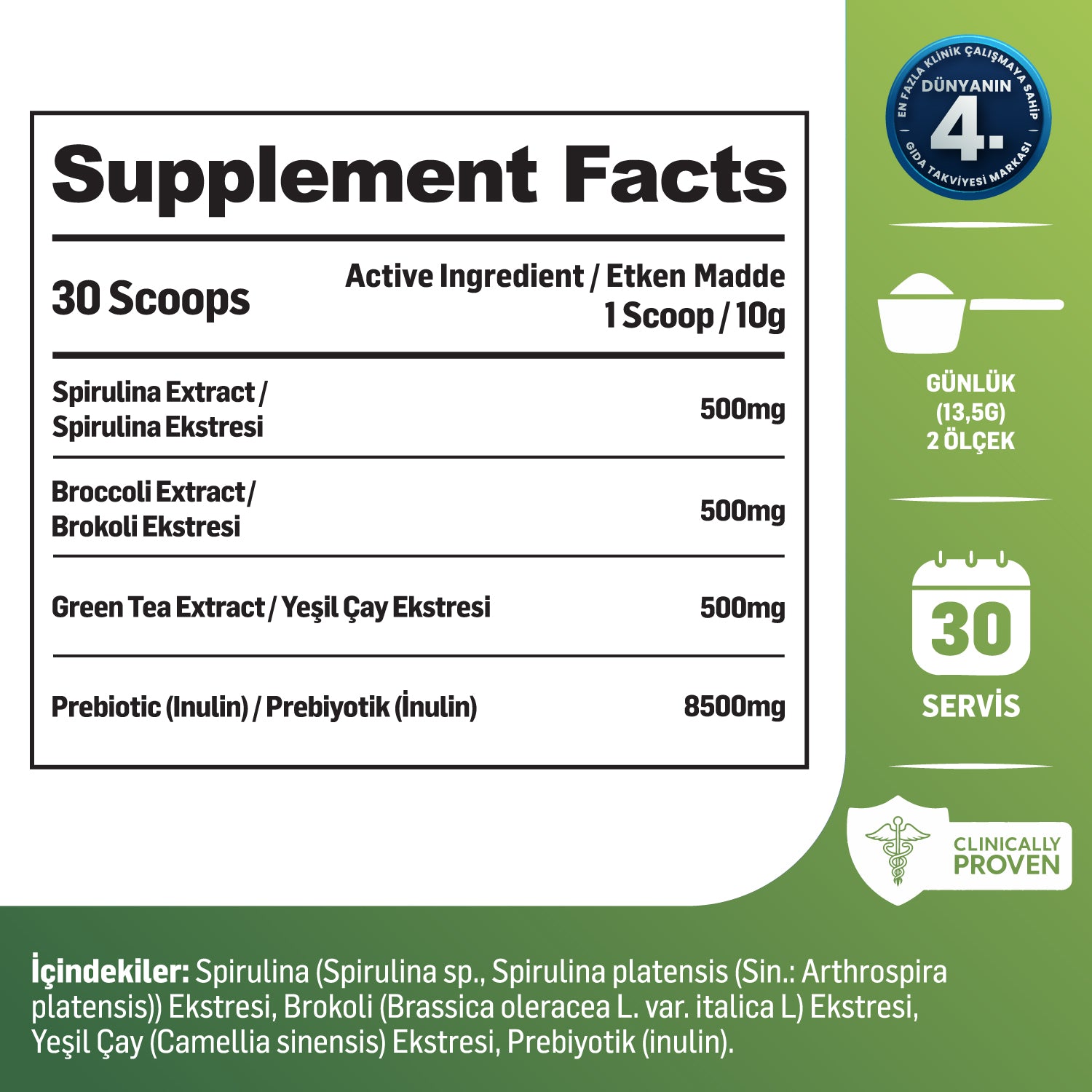 Kiperin Green | Detoks | Spirulina, Yeşil Çay, Brokoli Ekstresi, Prebiyotik (İnülin) | 30 Günlük
