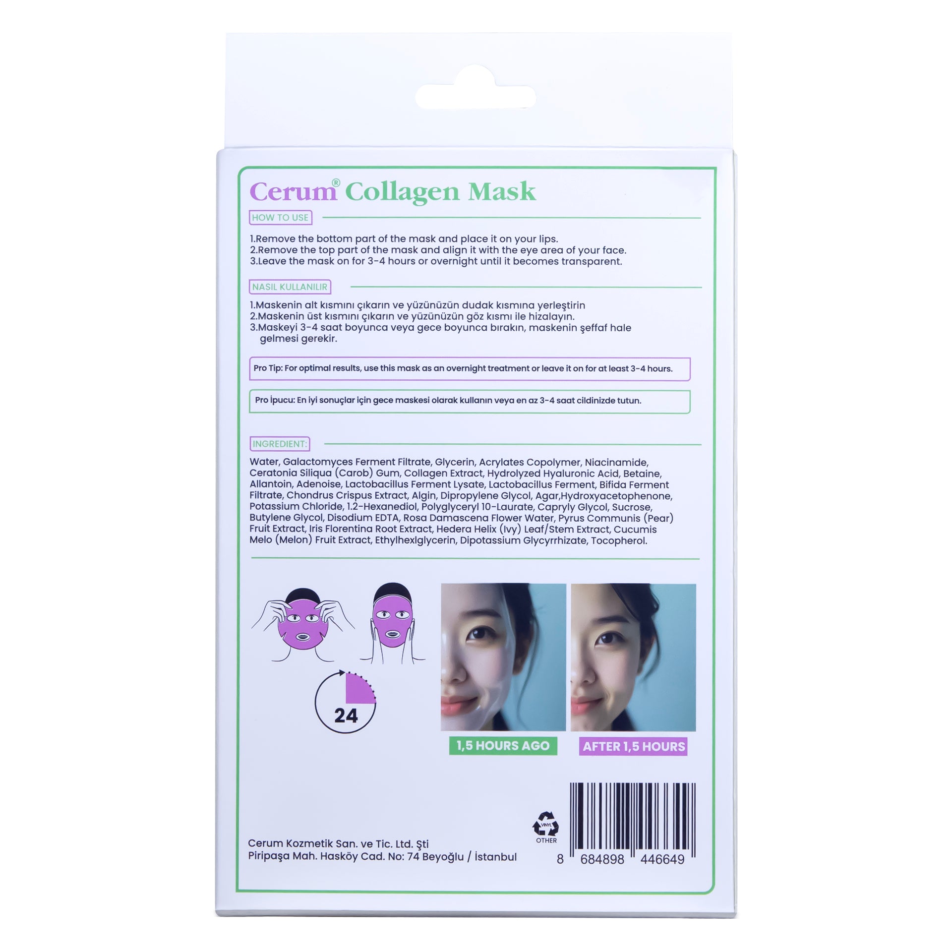 Yüzde Eriyen Kolajen Maskesi | Kolajen - Hyaluronik Asit - Probiyotik | Canlandırıcı | 5 ADET