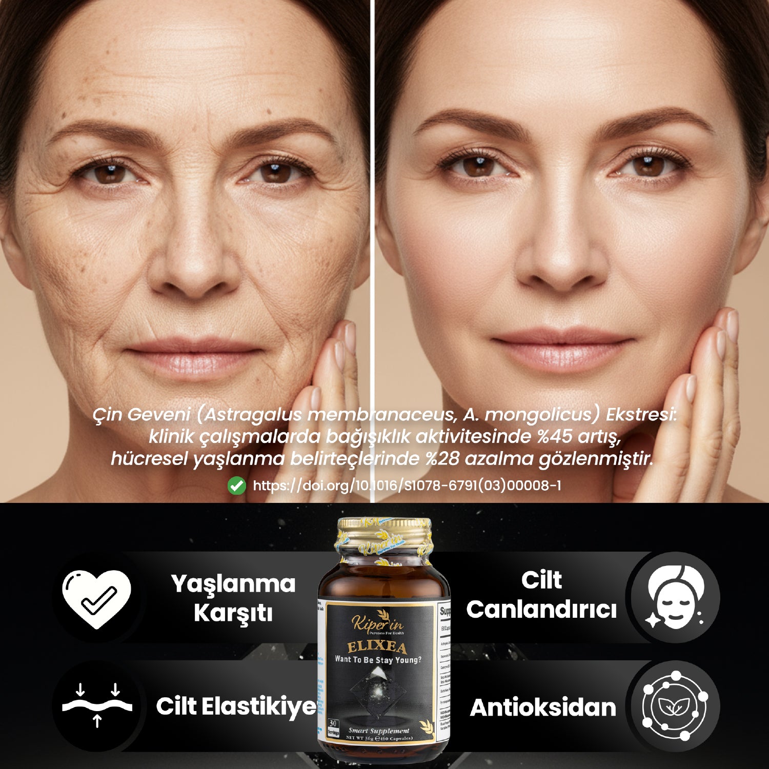 Kiperin Elixea Longevity | Anti-Aging ve Canlandırıcı Etki | Resveratrol, Glutatyon, Koenzim Q10, NMN | 60 Kapsül