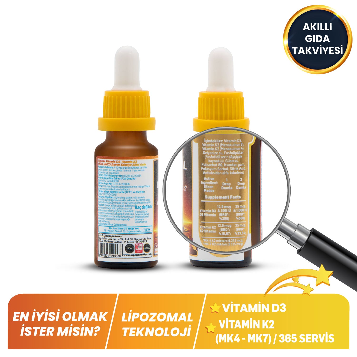 Lipozomal D3 K2 Vitaminleri (MK4 ve MK7) & Çok Yüksek Biyoaktif (365 Günlük) | Akıllı Gıda Takviyesi