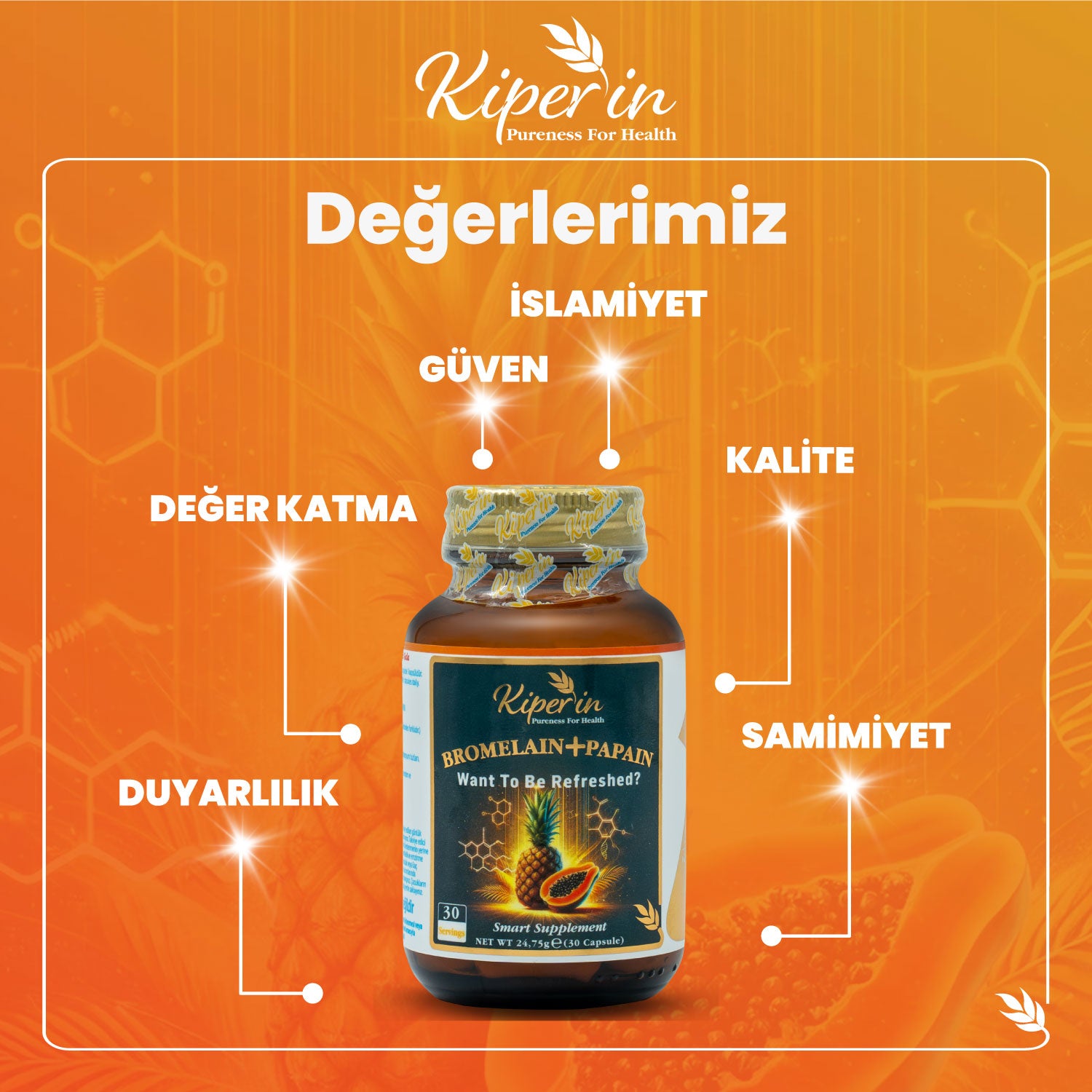 Kiperin Bromelain(2500 Gdu) & Papain - Doğal Proteolitik Enzim (30Kapsül & 700mg) | Akıllı Gıda Takviyesi