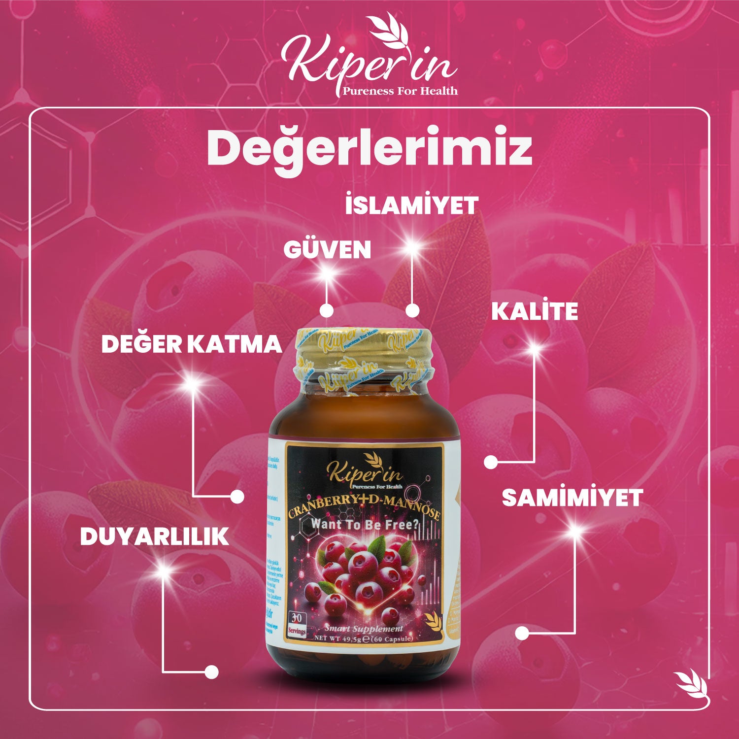 Kiperin Cranberry, D-Mannoz, C Vitamin - İdrar Yolu Sağlığı (60Kapsül & 1400mg) | Akıllı Gıda Takviyesi