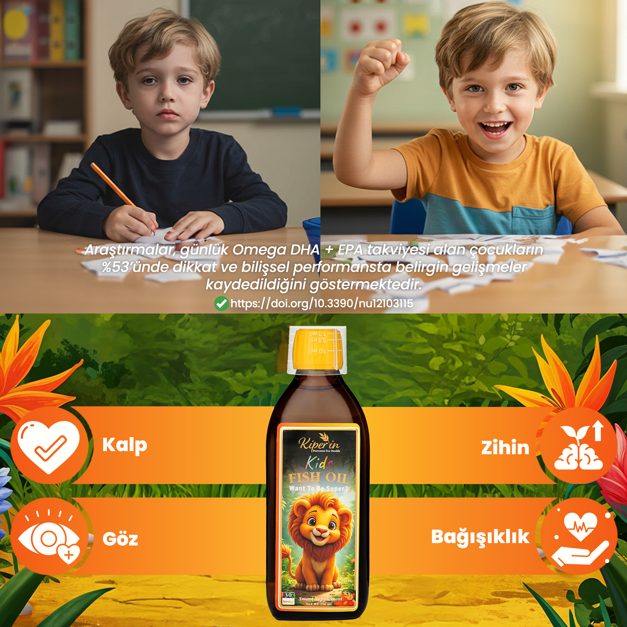 Kids Fish Oil | Çocuk Özel | Yüksek Balık Yağı: 1800, Omega 3:1206mg, EPA:180mg, DHA:900mg | 150ml