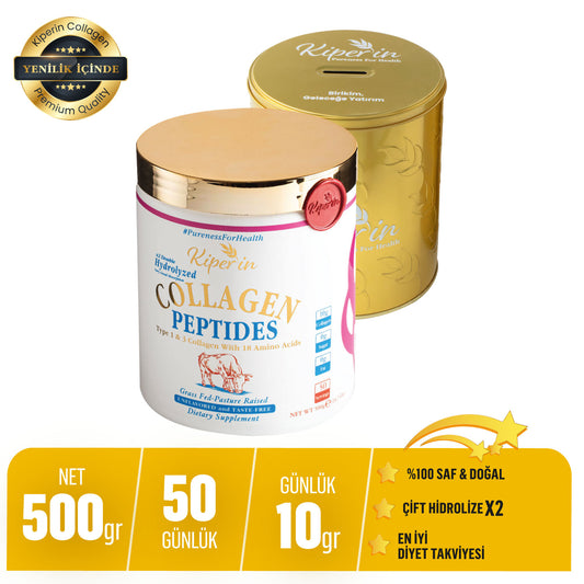 Kiperin Collagen Classic (500gr) 100% Pure and Natural High Bioactive Double Hydrolyzed Collagen Peptides Containing Supplementary Food