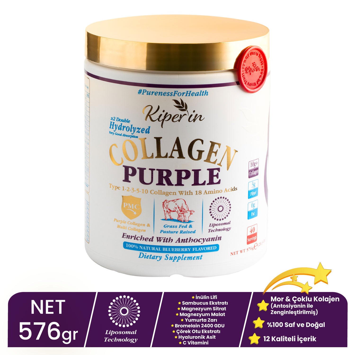 Kiperin Purple Collagen (576gr) %100 Saf ve Doğal Mor & Çoklu Kolajen Peptitleri içeren Lipozomal Teknoloji Takviye Edici Gıda
