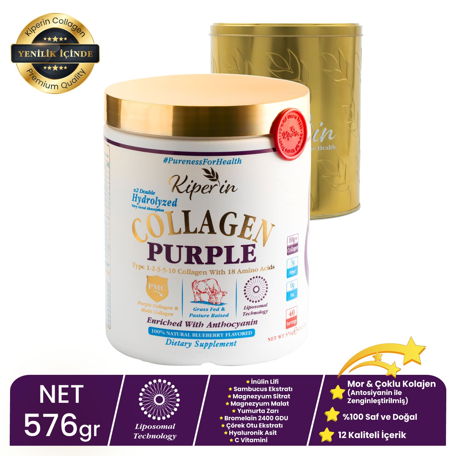 Kiperin Purple Collagen (576gr) %100 Saf ve Doğal Mor & Çoklu Kolajen Peptitleri içeren Lipozomal Teknoloji Takviye Edici Gıda