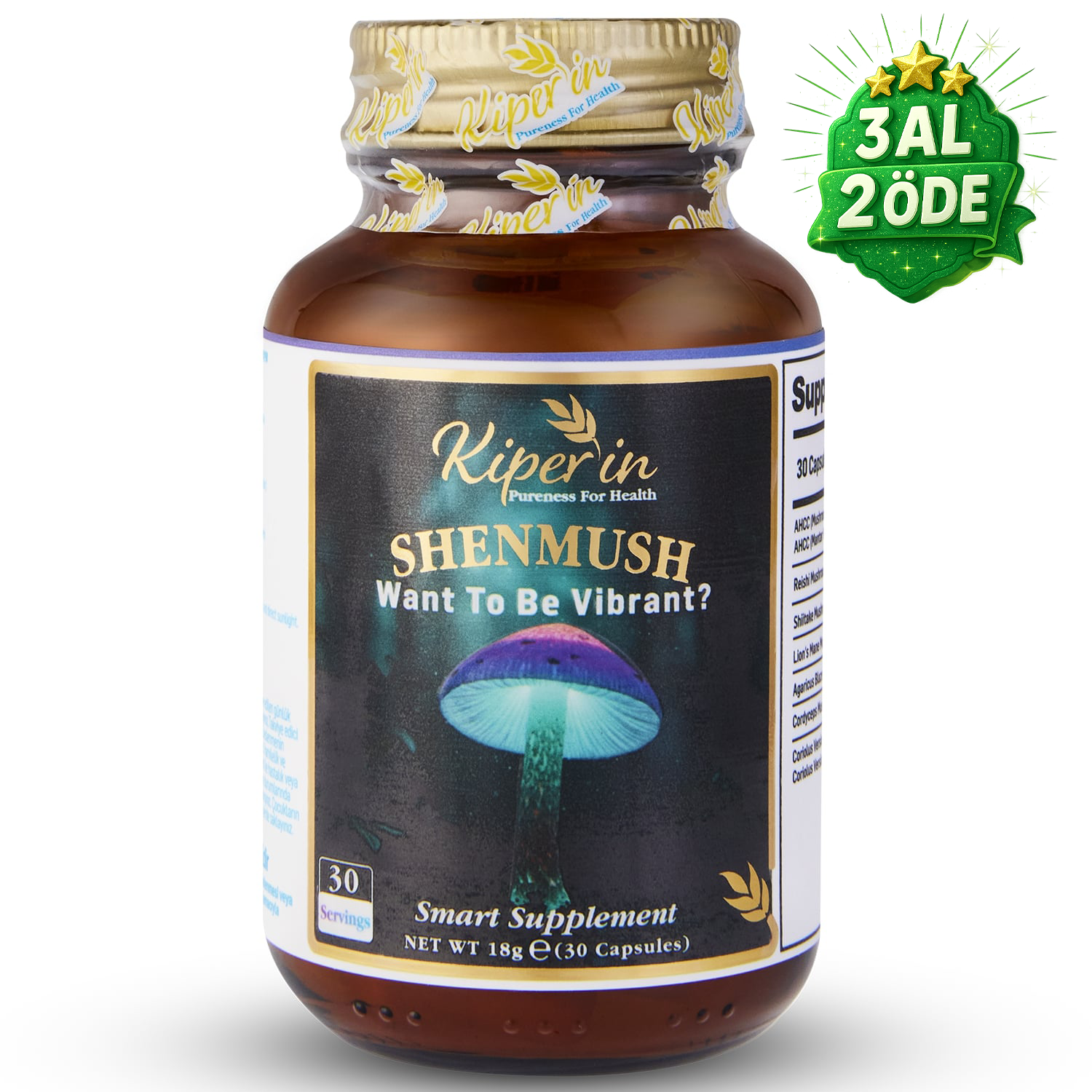 Kiperin Shenmush | Mushroom Complex | AHCC, Reishi, Shiitake, Lions's Mane, Agaricus.. | 30 Kapsül