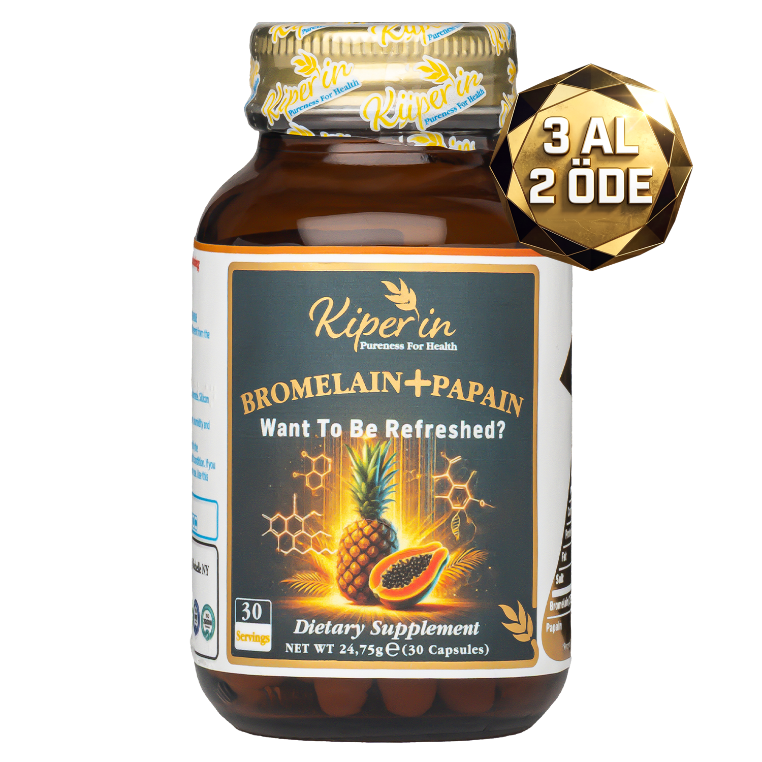 Kiperin Bromelain(2500 Gdu) &amp; Papain - Natural Proteolytic Enzyme (30 Capsules &amp; 700mg) | Smart Food Supplement