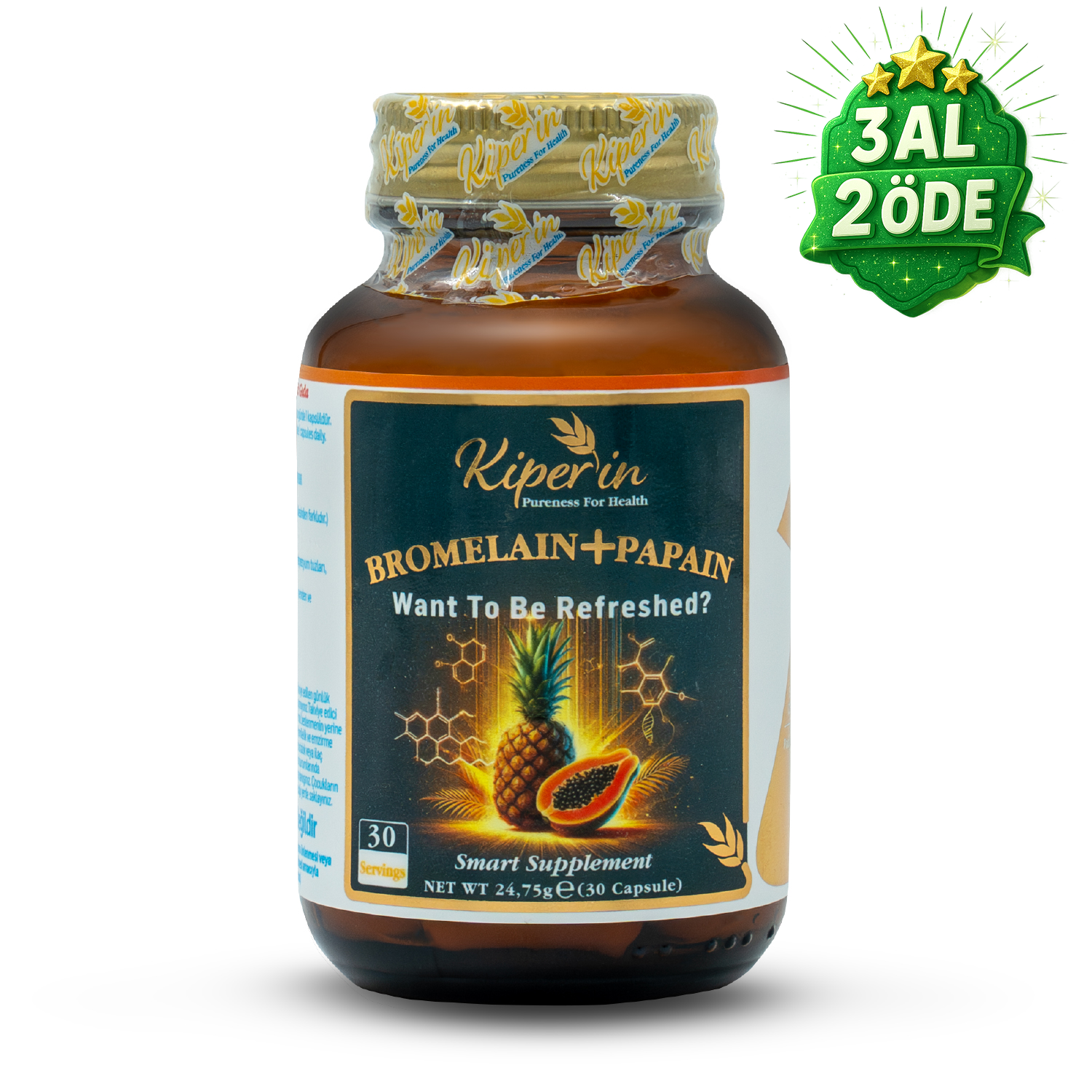 Kiperin Bromelain(2500 Gdu) & Papain - Doğal Proteolitik Enzim (30Kapsül & 700mg)