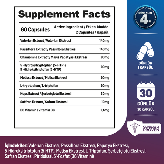 Kiperin Calm Passiflora, Safran, 5-HTP, Valerian, ... 9 İçerik (30 Günlük).