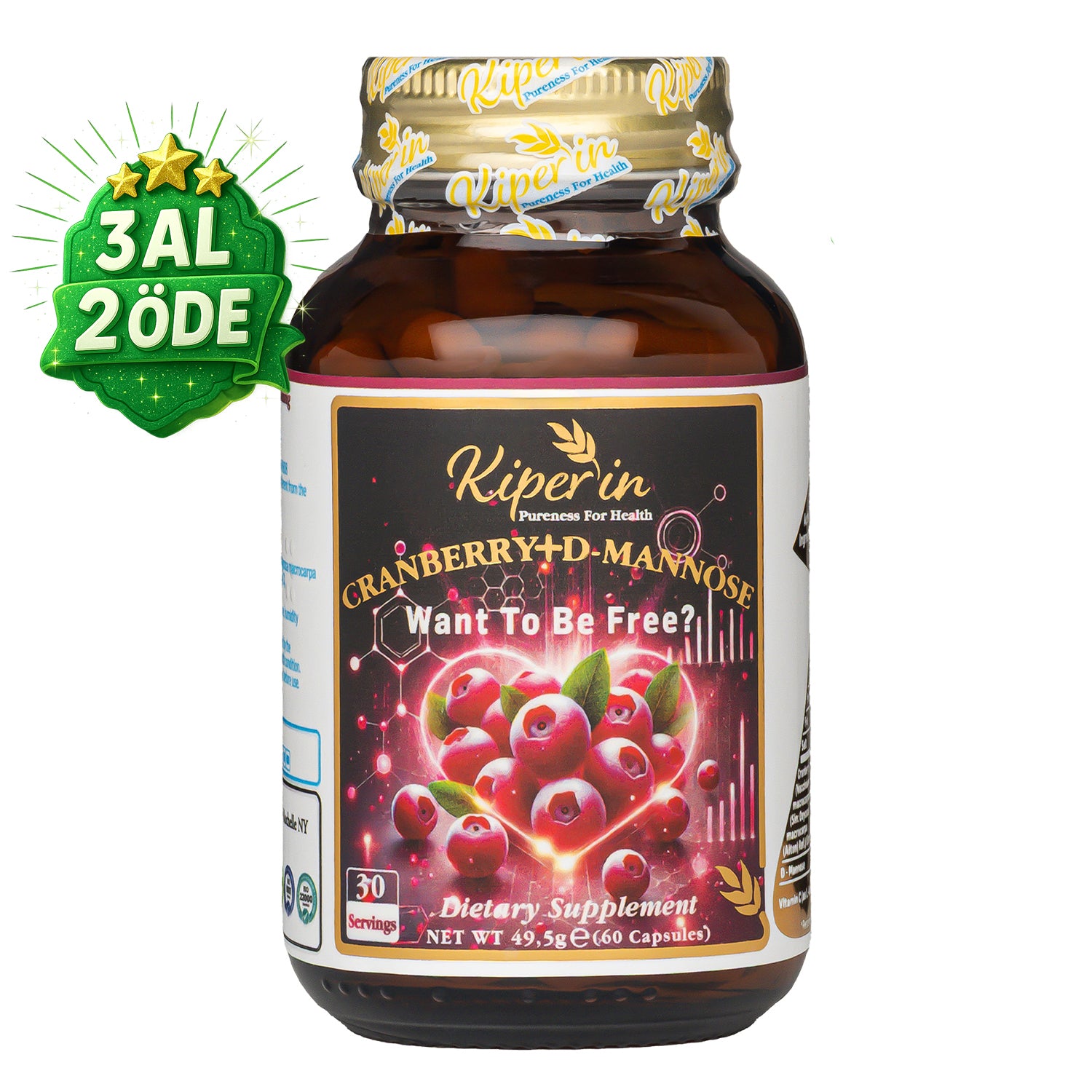 Kiperin Cranberry, D-Mannose, Vitamin C - Urinary Tract Health (60 Capsules &amp; 1400mg) | Smart Food Supplement