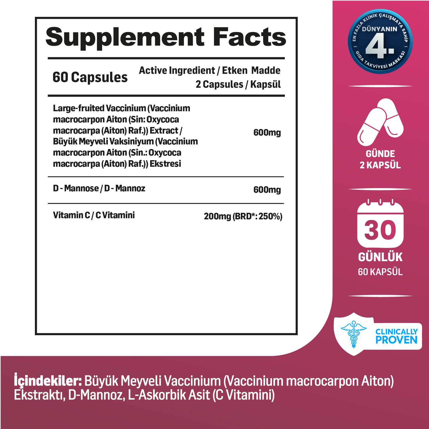 Kiperin Cranberry, D-Mannoz, C Vitamin (60Kapsül & 1400mg)