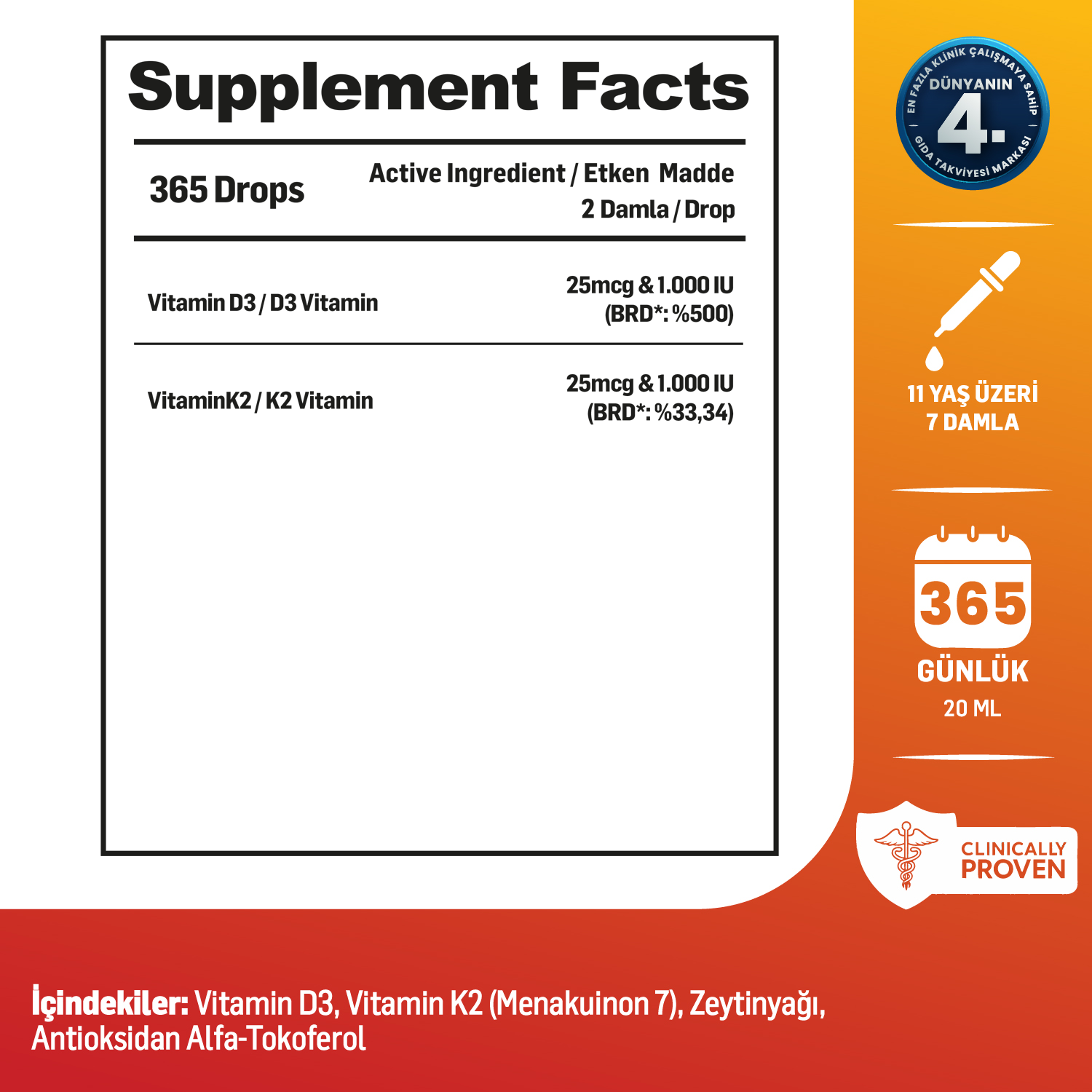 D3K2 | Vitamin D3 (1000 IU) & K2 (25mcg) | Kaliteli İçerik | Pureness For Health İlkesi | 365 Damla