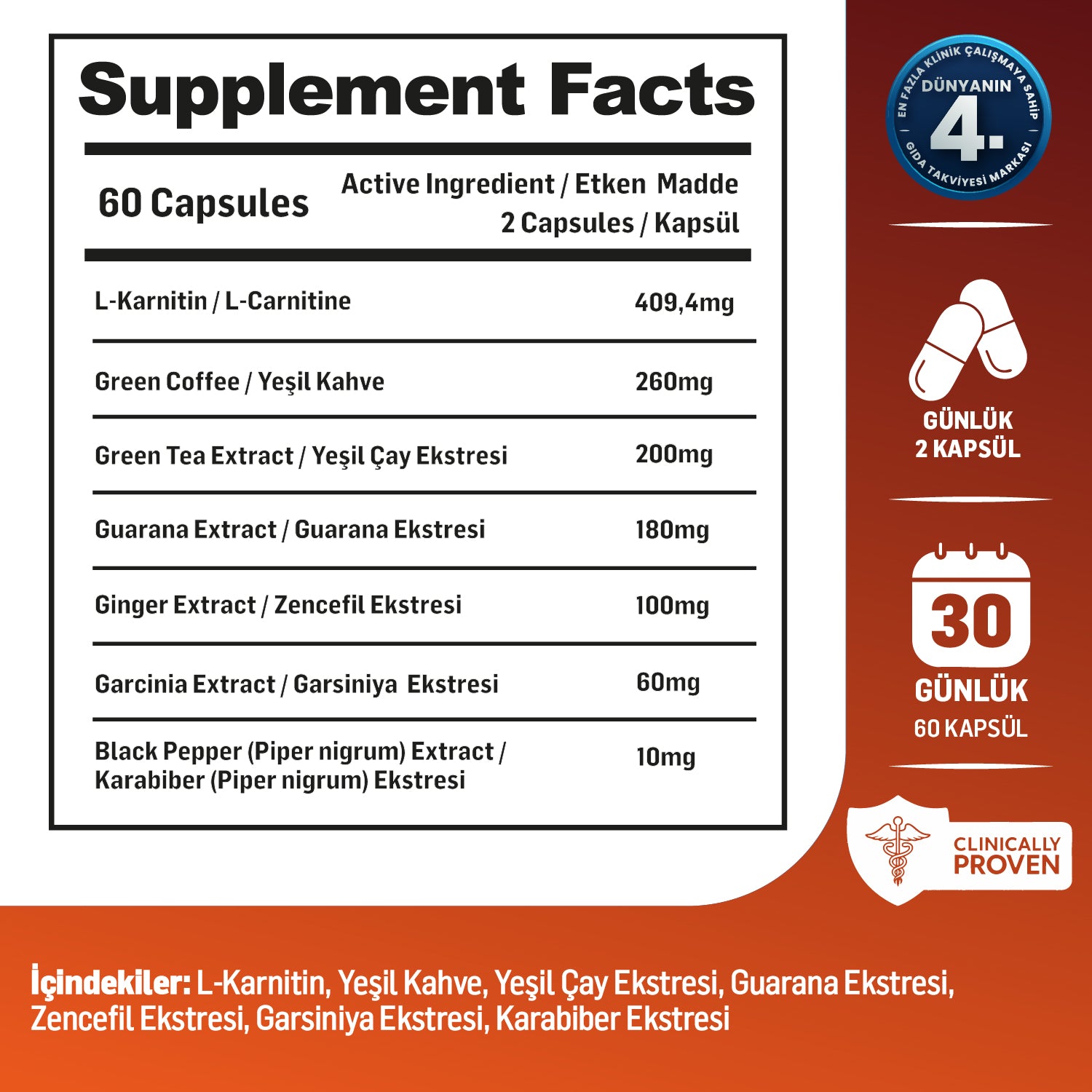 Kiperin Burn | L-Karnitin, Yeşil Çay, Guarana, Zencefil, Garsiniya, Kafein | 60 Kapsül