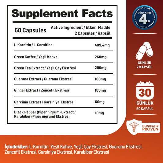 Kiperin Burn | L-Karnitin, Yeşil Çay, Guarana, Zencefil, Garsiniya, Kafein.. | 60 Kapsül