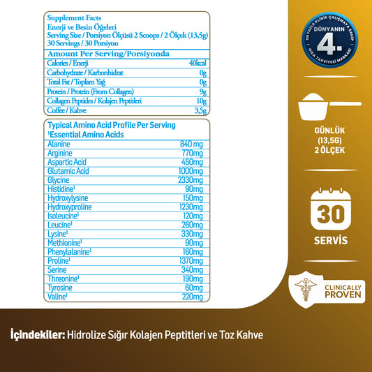 Kiperin Coffee Collagen | Kahveli Çift Hidrolize %100 Saf ve Doğal Toz Kolajen Peptitler | 30 Günlük