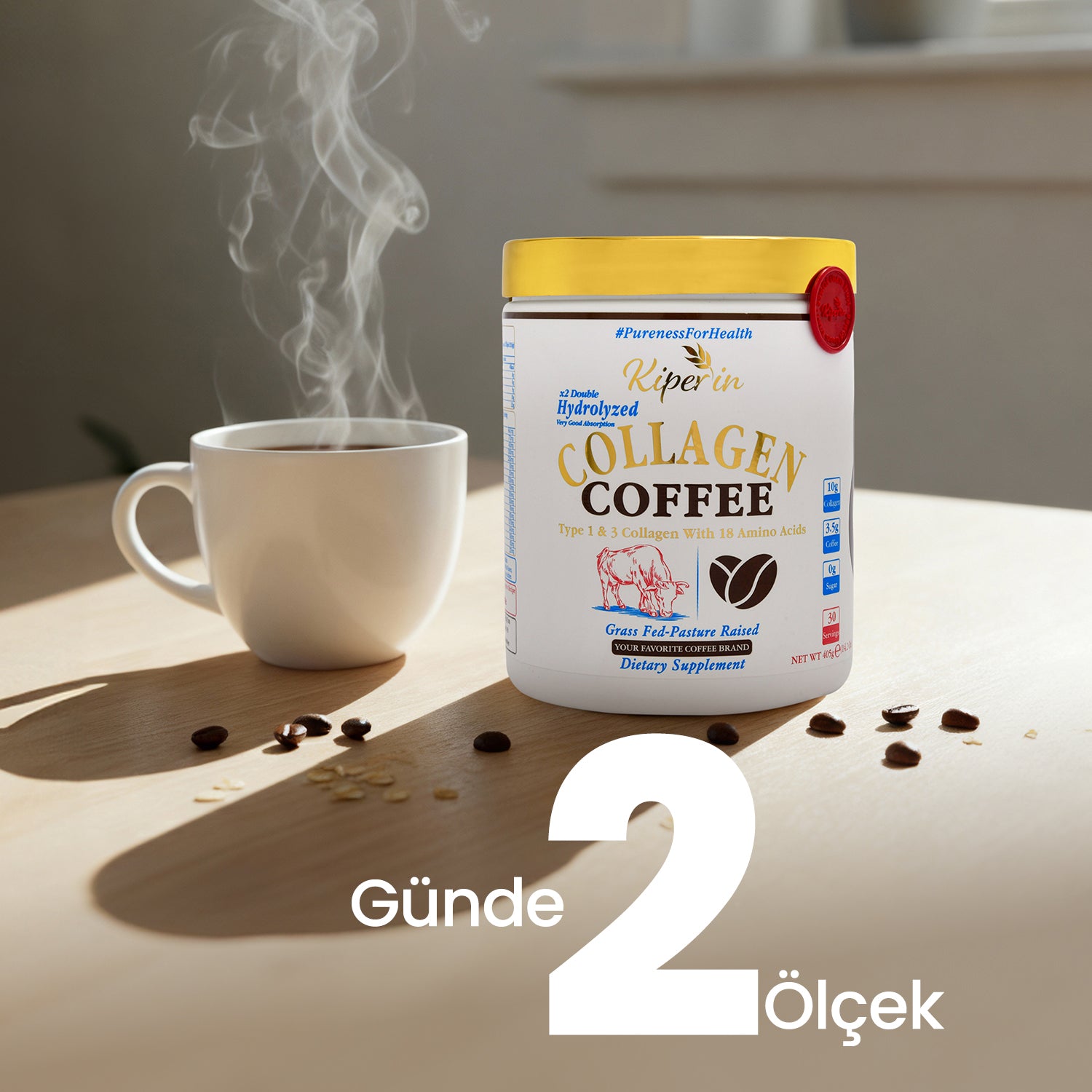 Kiperin Coffee Collagen | Kahveli Çift Hidrolize %100 Saf ve Doğal Toz Kolajen Peptitler | 30 Günlük