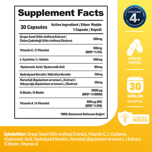 Kiperin Goldra | Cilt, Saç & Tırnak | Biotin, Keratin, Üzüm Çekirdeği, Hyaluronik Asit.. | 30 Kapsül