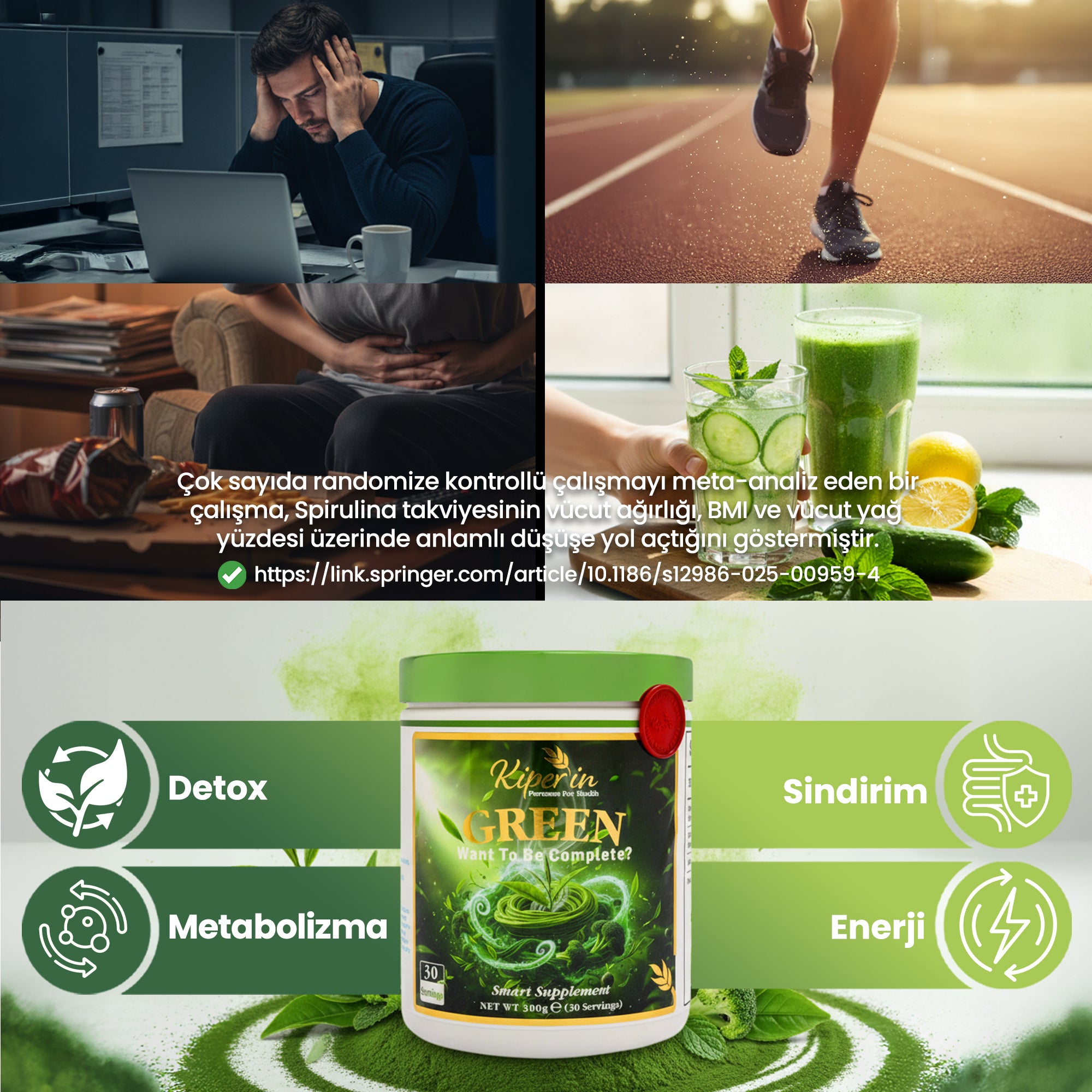 Kiperin Green | Detoks | Spirulina, Yeşil Çay, Brokoli Ekstresi, Prebiyotik (İnülin) | 30 Günlük