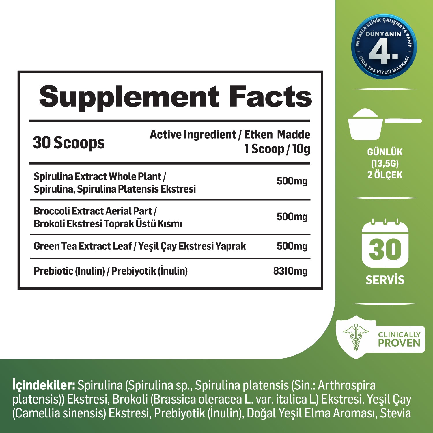 Kiperin Green | Detoks | Spirulina, Yeşil Çay, Brokoli Ekstresi, Prebiyotik (İnülin) | 30 Günlük