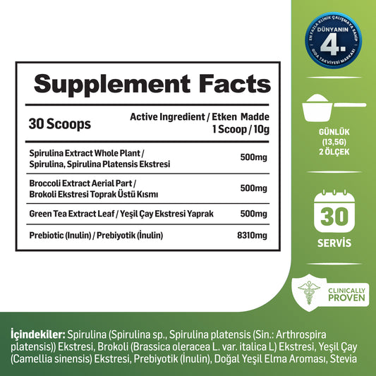 Kiperin Green | Detoks | Spirulina, Yeşil Çay, Brokoli Ekstresi, Prebiyotik (İnülin) | 30 Günlük