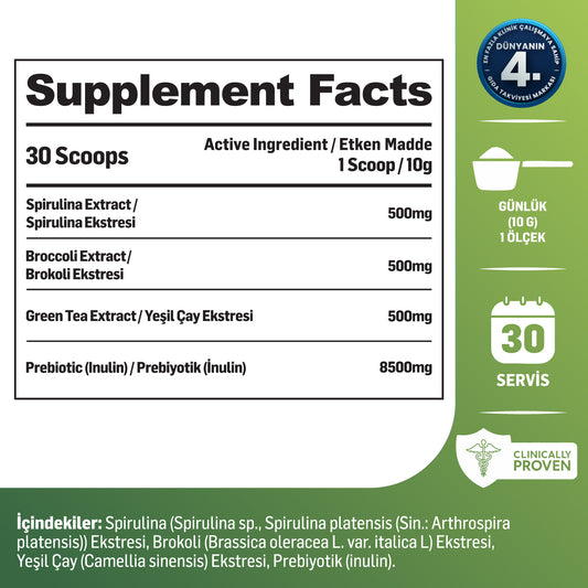Kiperin Green | Detoks | Spirulina, Yeşil Çay, Brokoli Ekstresi, Prebiyotik (İnülin) | 30 Günlük