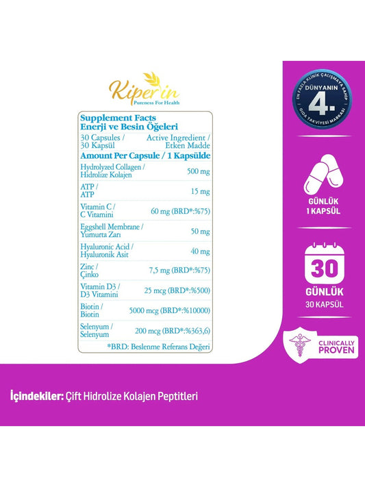 Kiperin Çift Hidrolize Multi Kolajen Kapsül | Atp, Hyaluronik Asit, D3, Biotin, Selenyum, Çinko ve Vitamin C