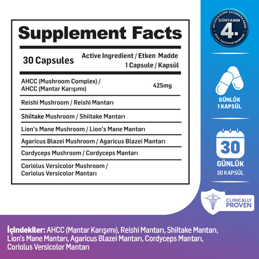 Kiperin Shenmush | Mushroom Complex | AHCC, Reishi, Shiitake, Lions's Mane, Agaricus.. | 30 Kapsül