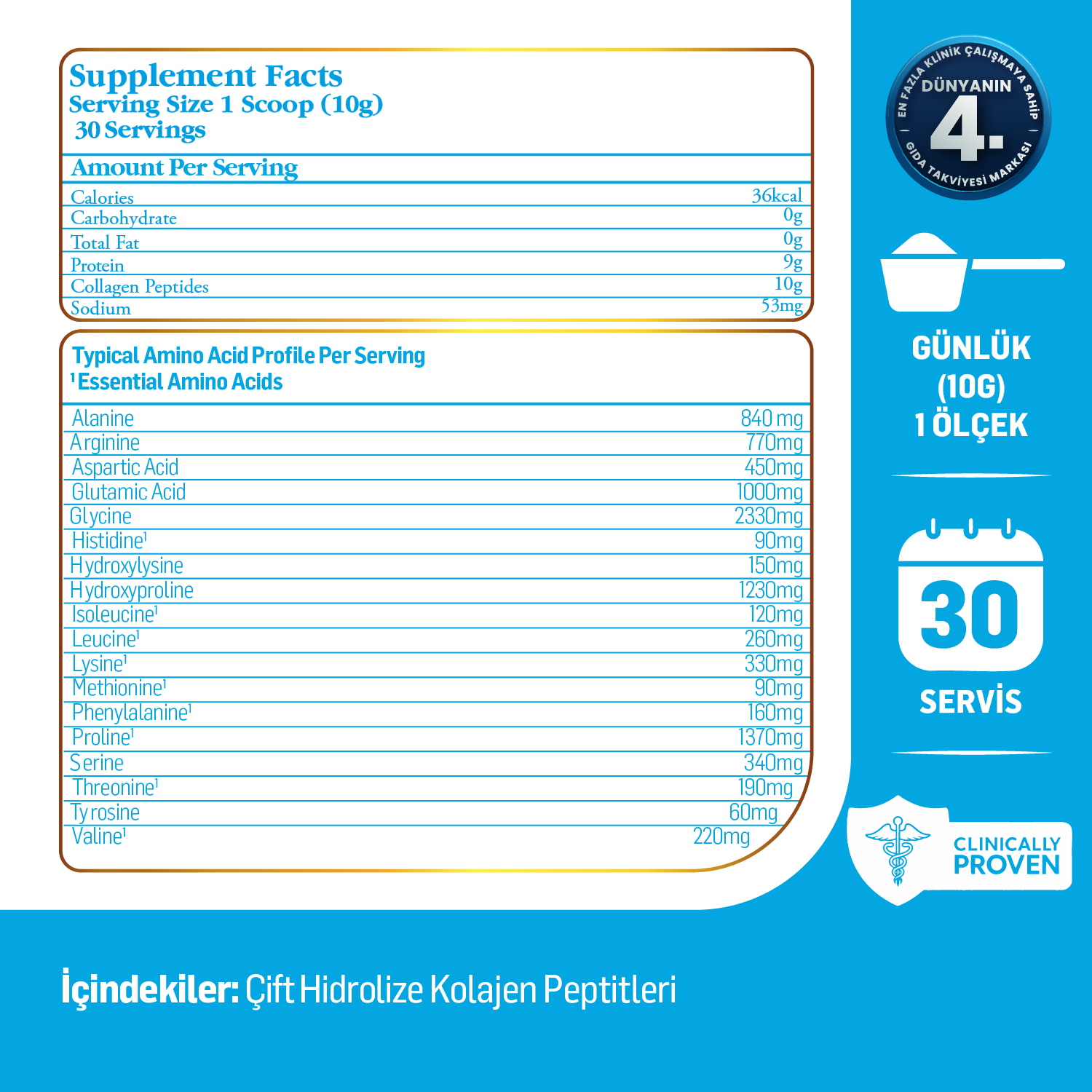 %100 Saf ve Doğal Yüksek Biyoaktif Çift Hidrolize Kolajen Peptitler içeren Diyet Takviyesi (300gr)