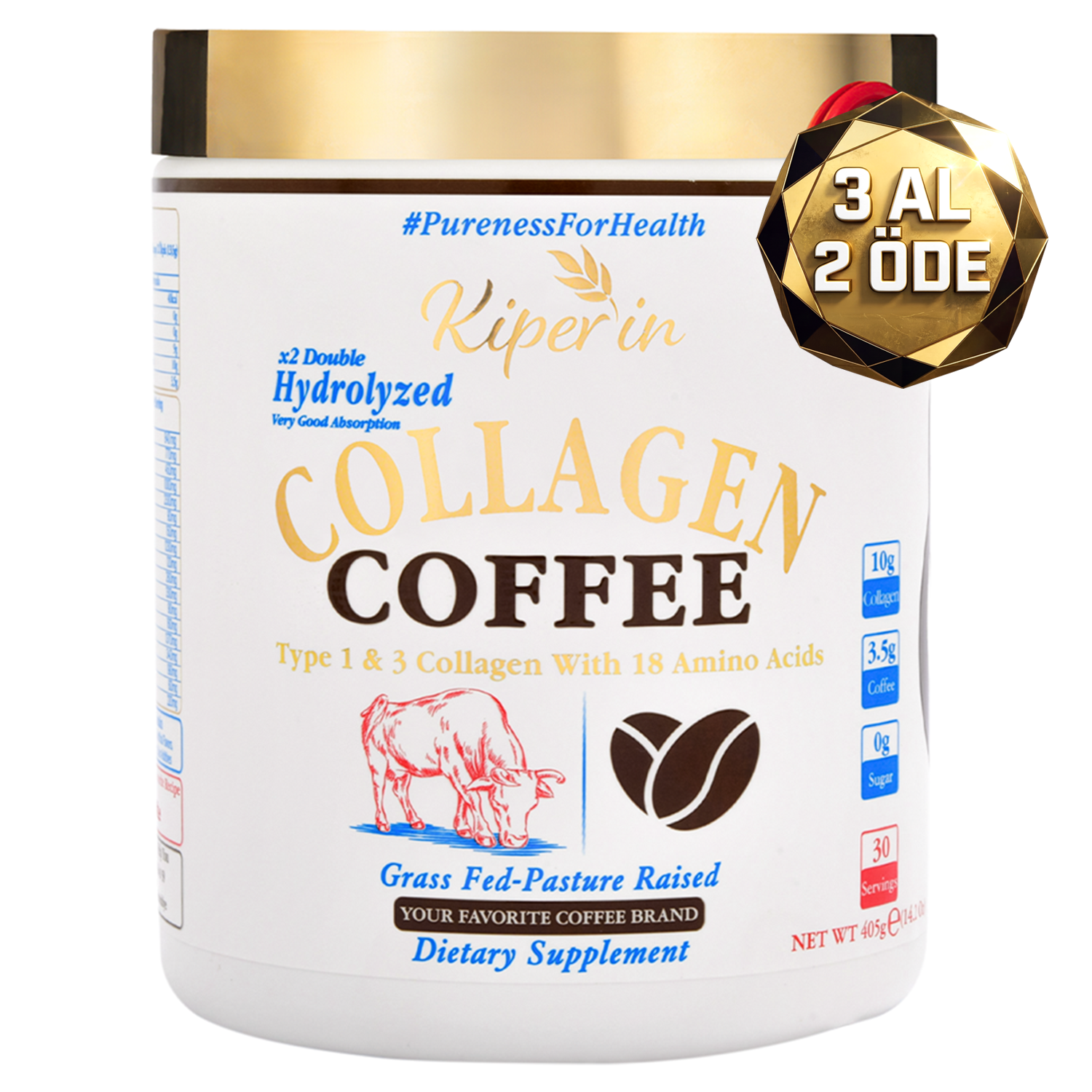 Kiperin Coffee Collagen | Kahveli Çift Hidrolize %100 Saf ve Doğal Toz Kolajen Peptitler | 30 Günlük