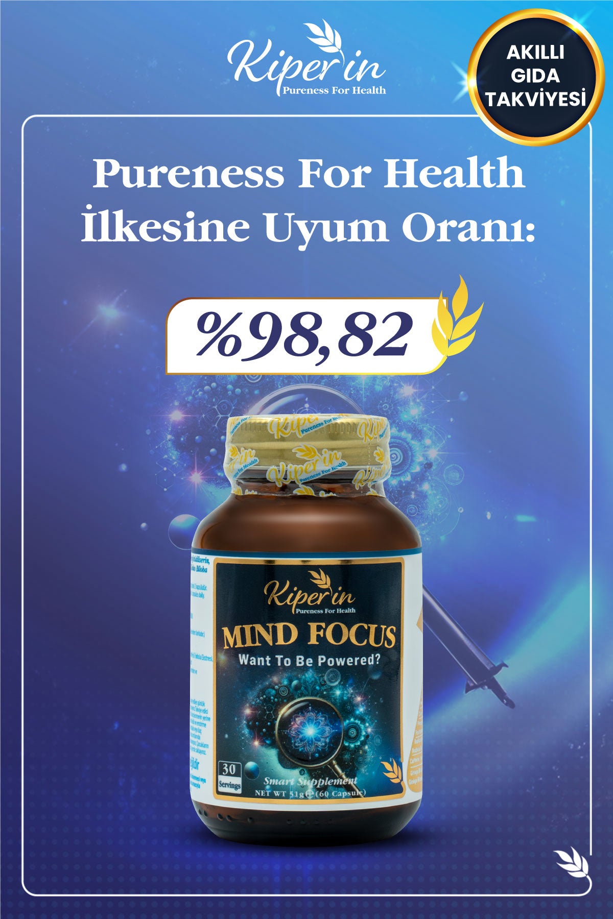 Kiperin Mind Focus Aslan Yelesi Mantarı, Sitikolin, Rhodiola, L-Theanin (1440mg) | Akıllı Gıda Takviyesi