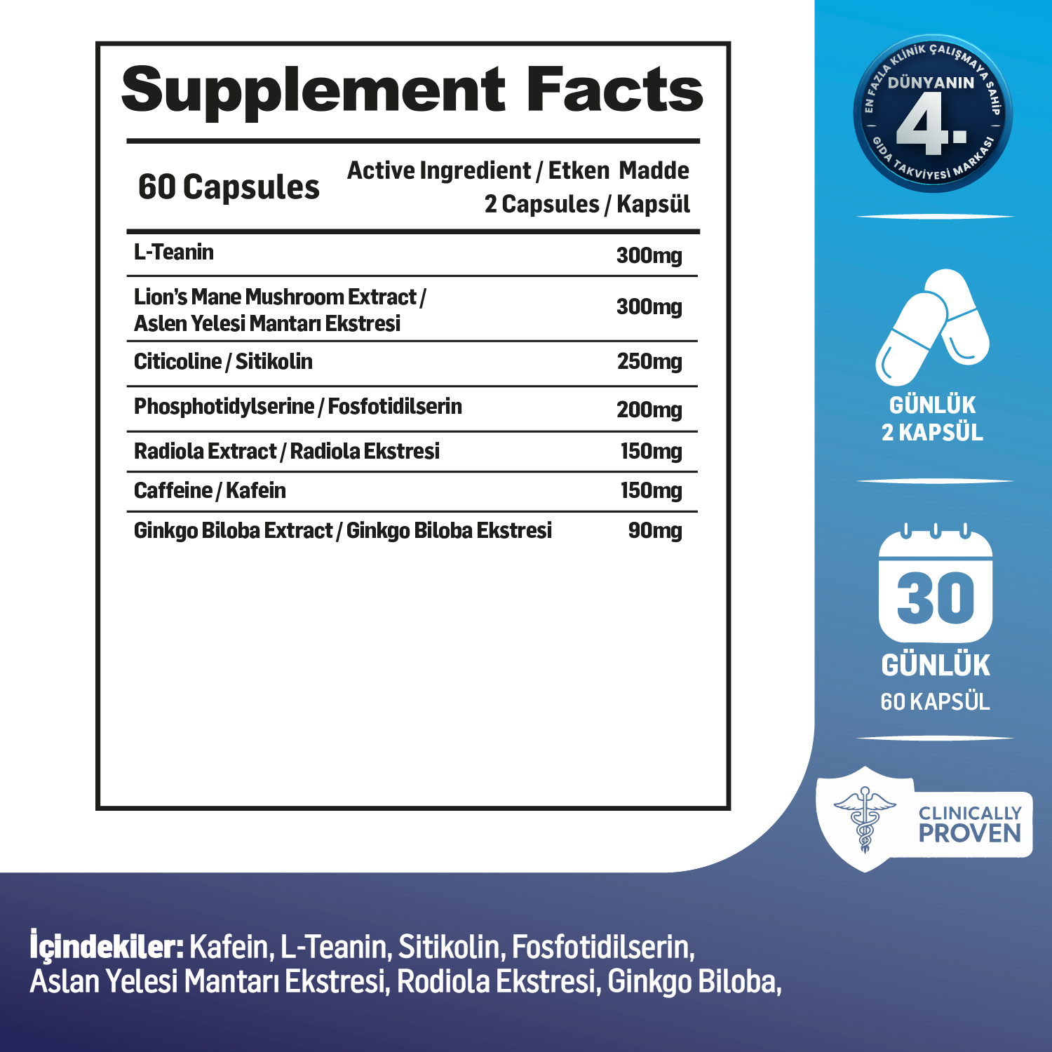 Kiperin Mind Focus Aslan Yelesi Mantarı, Sitikolin, Rhodiola, L-Theanin (1440mg)