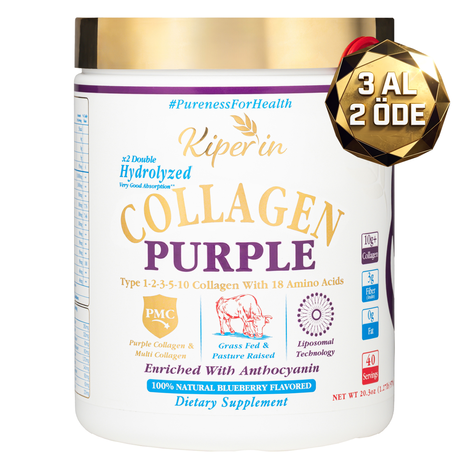Kiperin Purple Collagen (576gr) %100 Saf ve Doğal Mor & Çoklu Kolajen Peptitleri içeren Lipozomal Teknoloji Takviye Edici Gıda