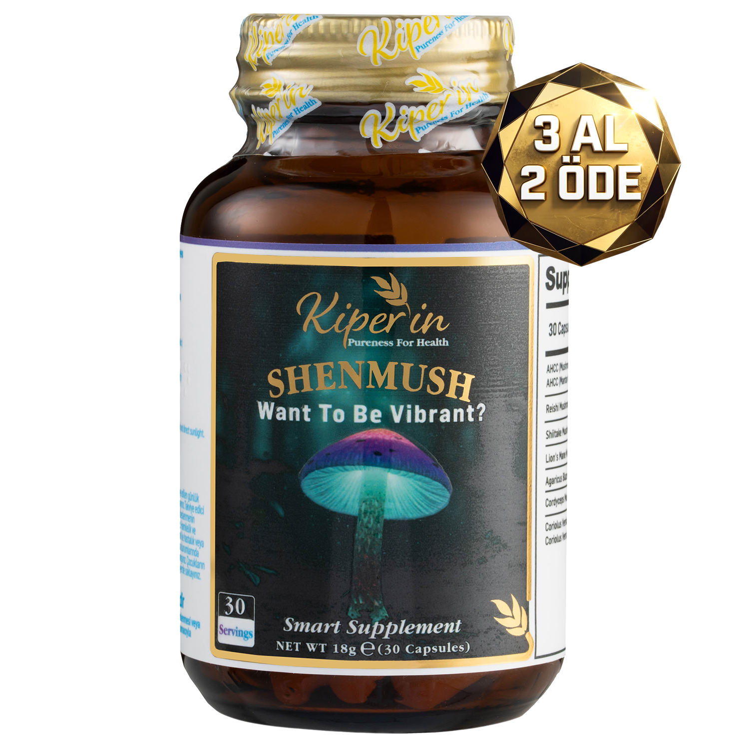 Kiperin Shenmush | Mushroom Complex | AHCC, Reishi, Shiitake, Lions's Mane, Agaricus.. | 30 Kapsül