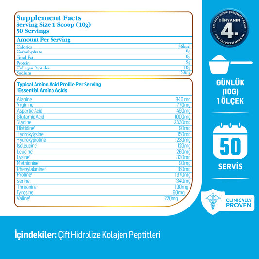 Kiperin Collagen Classic (500gr) %100 Saf ve Doğal Yüksek Biyoaktif Çift Hidrolize Kolajen Peptitleri içeren Takviye Edici Gıda