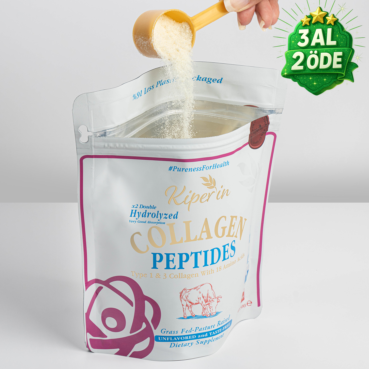 %100 Saf ve Doğal Yüksek Biyoaktif Çift Hidrolize Kolajen Peptitler içeren Diyet Takviyesi (300gr)