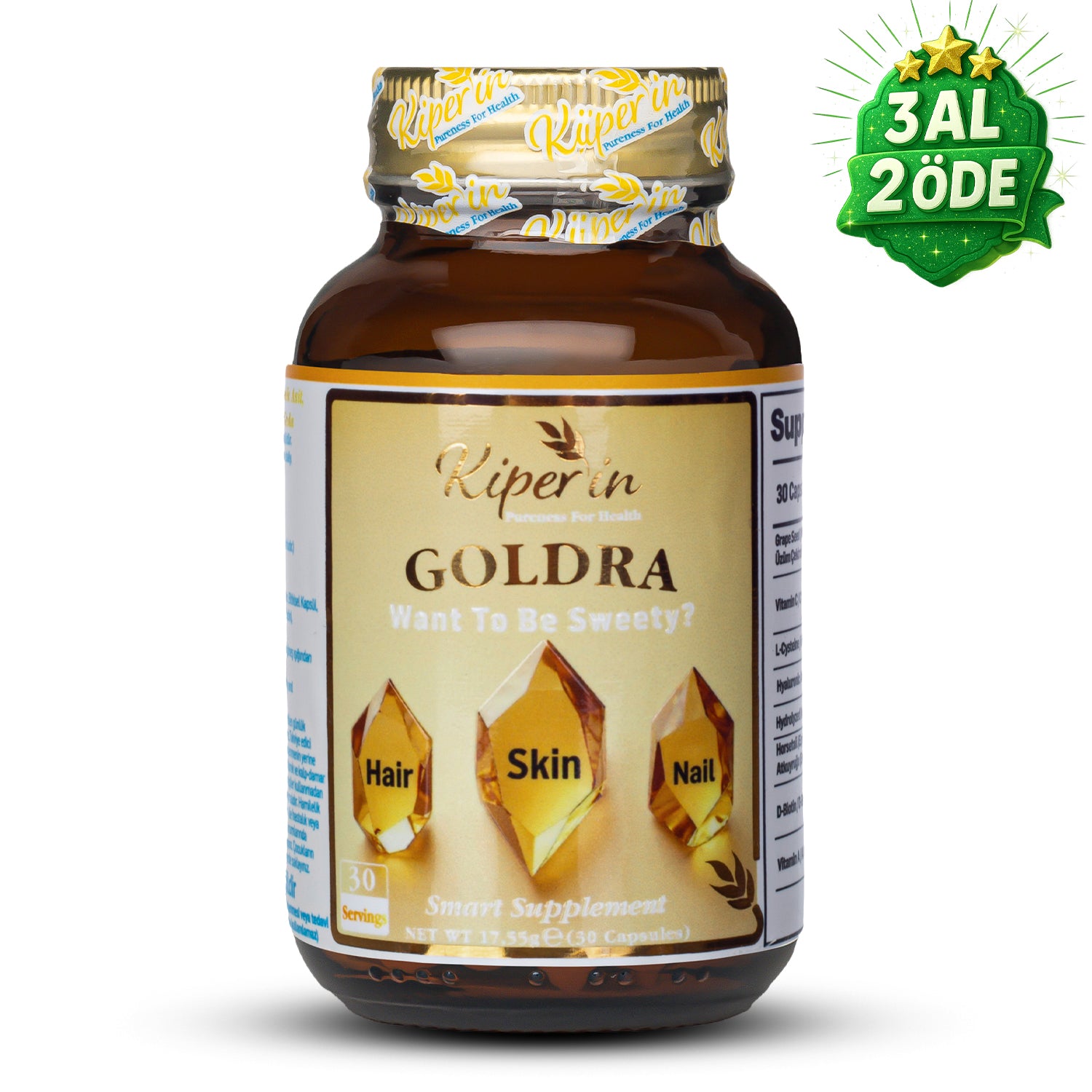 Kiperin Goldra | Cilt, Saç & Tırnak | Biotin, Keratin, Üzüm Çekirdeği, Hyaluronik Asit.. | 30 Kapsül